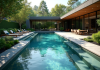 Piscine minérale moderne dans un jardin verdoyant ensoleillé
