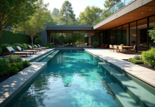 Piscine minérale moderne dans un jardin verdoyant ensoleillé