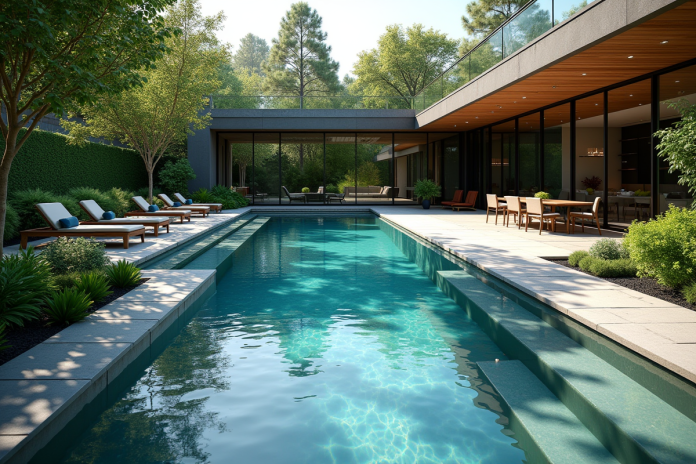 Piscine minérale moderne dans un jardin verdoyant ensoleillé
