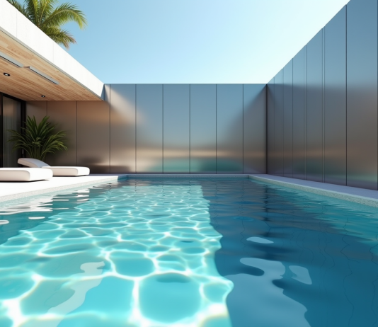 Piscine moderne en acier inoxydable avec reflet lumineux