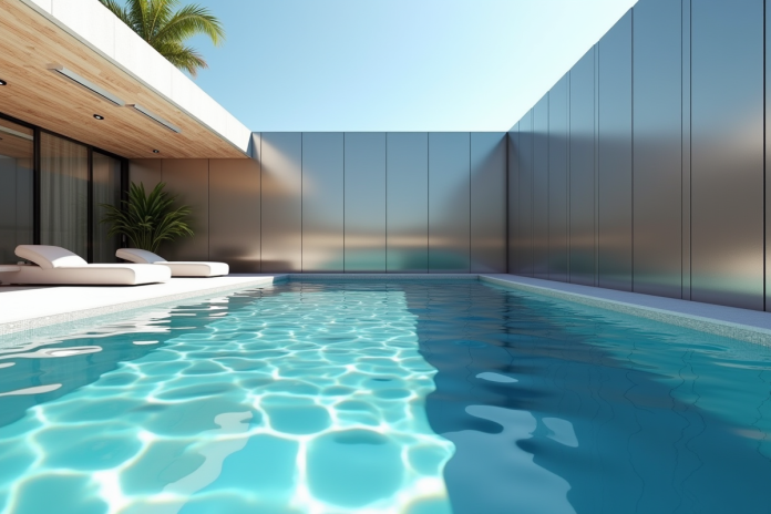 Piscine moderne en acier inoxydable avec reflet lumineux
