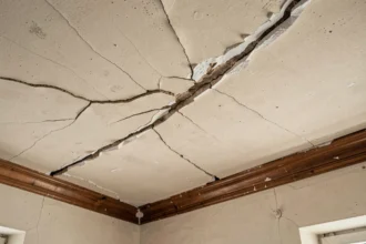 Plafond fissuré avec des craquelures profondes et de la peinture qui s'écaille dans un appartement ancien