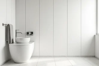 Salle de bain moderne avec plaques PVC blanches en finition mate installées sur les murs, lavabo céramique et robinetterie chromée
