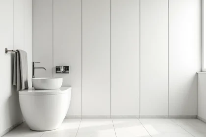 Salle de bain moderne avec plaques PVC blanches en finition mate installées sur les murs, lavabo céramique et robinetterie chromée