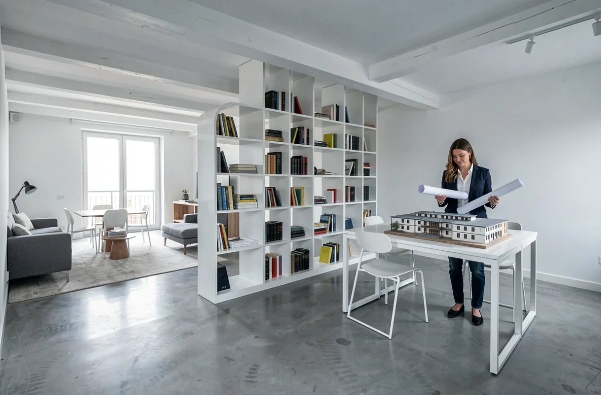 Architecte d'intérieur présentant un plan d'agencement d'appartement moderne avec maquette et bibliothèque-séparation en laque blanche