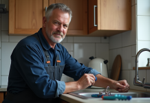 Plombier homme en tenue dans une cuisine moderne