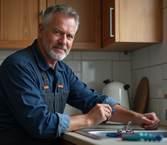 Plombier homme en tenue dans une cuisine moderne