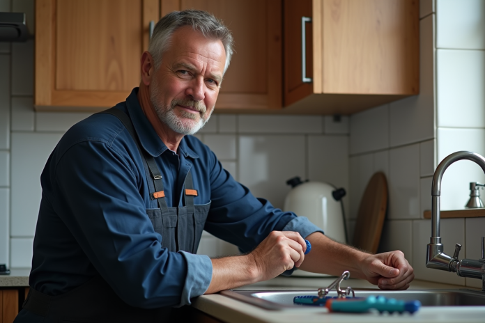 plombier-cuisine-femme-atelier Plombier homme en tenue dans une cuisine moderne