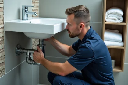 Plombier homme examine tuyau sous lavabo moderne