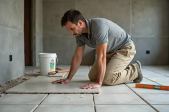 Carreleur professionnel posant du carrelage grand format en grès cérame dans une salle de bain en rénovation
