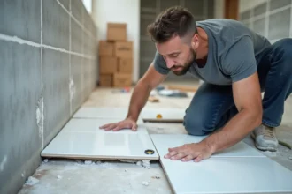 Carreleur professionnel posant un grand carrelage mural blanc dans une salle de bain en rénovation avec niveau à bulle et croisillons