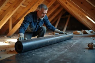 Ouvrier posant un isolant TRISO Noir sous les rafter d'une toiture en rénovation