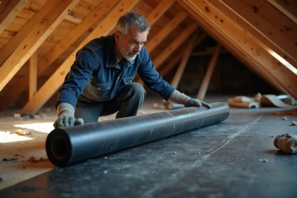 Ouvrier posant un isolant TRISO Noir sous les rafter d'une toiture en rénovation