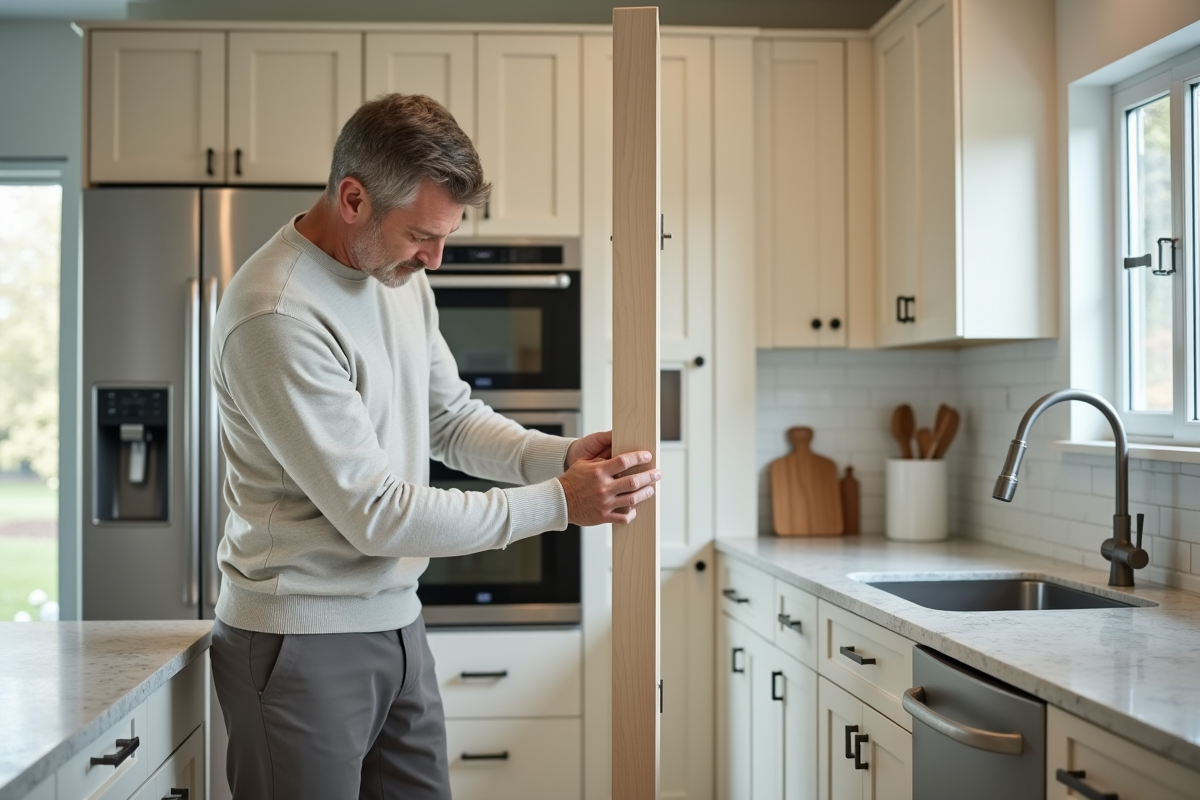 Homme fixant de nouvelles poignées de cuisine modernes