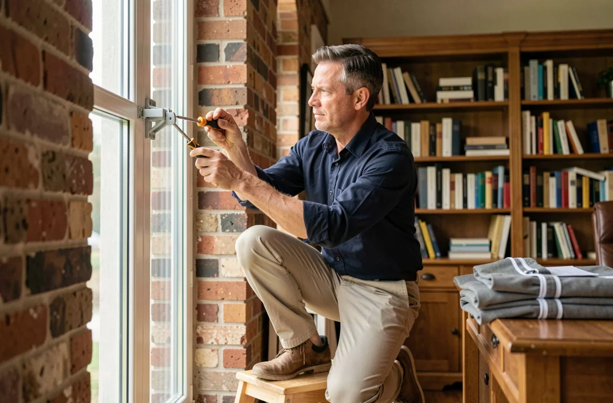 Homme fixant les supports de tringle pour rideau thermique au-dessus d'une fenêtre dans un bureau à domicile