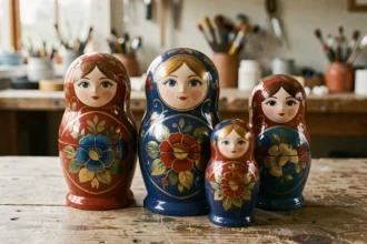 Ensemble de poupées Matriochka russes artisanales peintes à la main, disposées par taille décroissante sur une table en bois naturel dans un atelier artisan