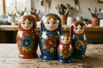 Ensemble de poupées Matriochka russes artisanales peintes à la main, disposées par taille décroissante sur une table en bois naturel dans un atelier artisan