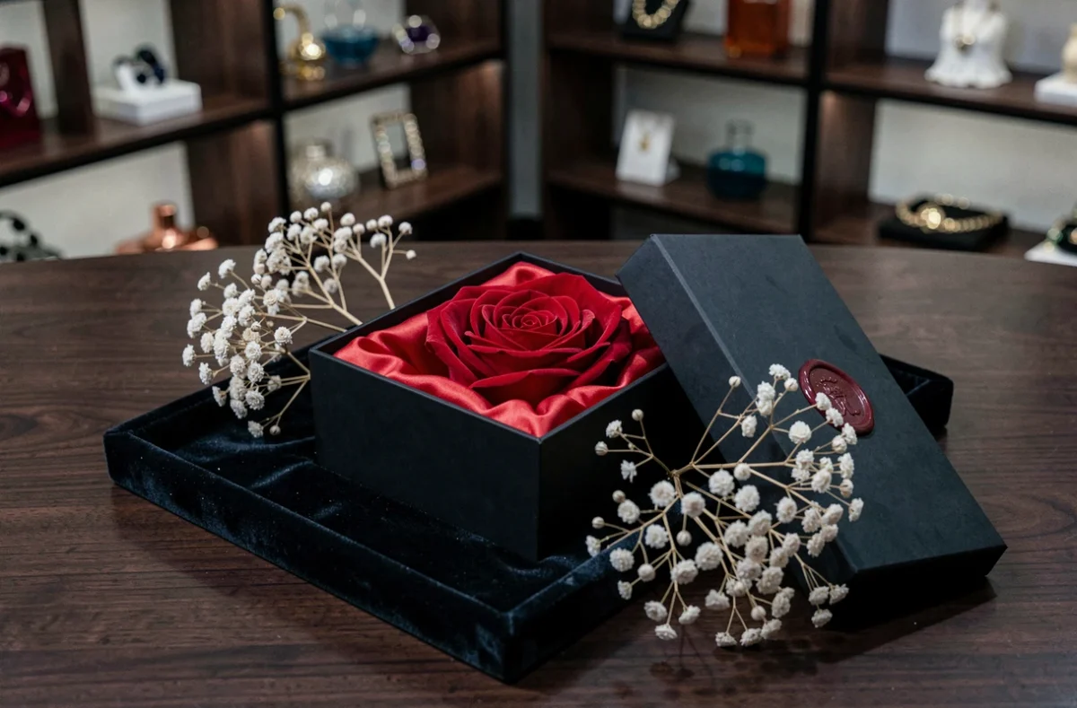 Présentation finale d'une rose Belle et la Bête dans une boîte noire satinée sur plateau velours avec cachet de cire et fleurs séchées