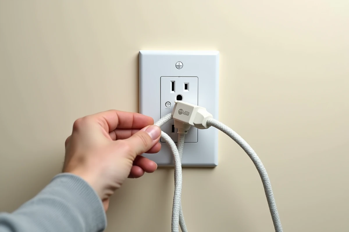 Gros plan de trois prises branchées sur une prise murale, surcharge de circuit électrique et capacité en ampères