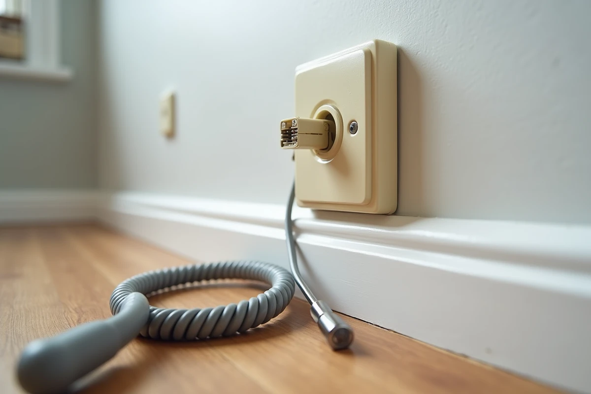 Gros plan d'une prise téléphonique murale RJ11 avec câble débranché et tournevis pour diagnostic