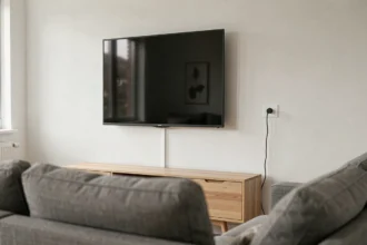 Prise TV murale encastrée positionnée à hauteur optimale à côté d'un écran plat fixé au mur dans un salon moderne