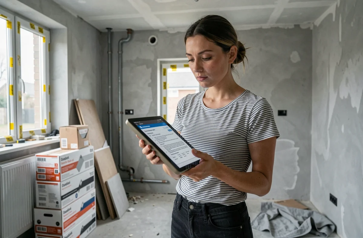 Propriétaire en train de remplir un formulaire de brief artisan sur tablette dans une cuisine en cours de rénovation