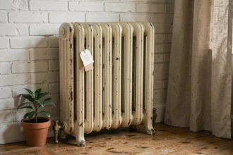 Radiateur en fonte d'occasion avec étiquette de prix dans un appartement parisien au budget modeste