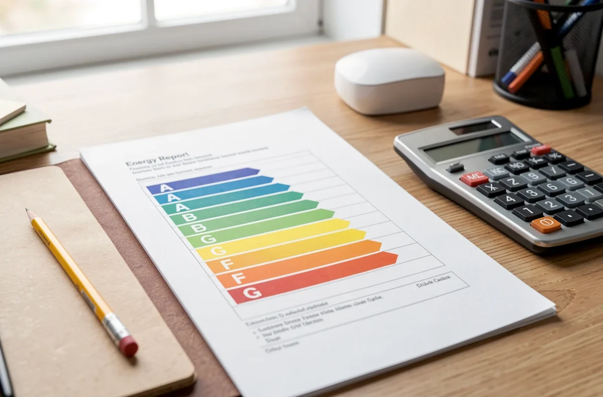 Rapport imprimé avec échelle de classes énergétiques sur un bureau