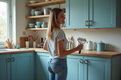 Femme appliquant de la peinture bleue sur des placards de cuisine