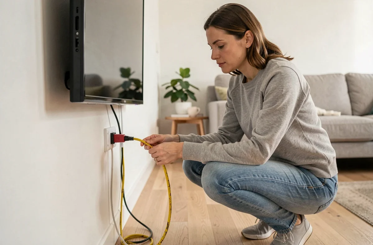 Femme débranchant un vieux câble coaxial antenne abîmé derrière une télévision murale dans un salon moderne
