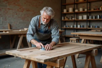 Artisan en train de poncer une ancienne porte en bois dans un atelier de rénovation