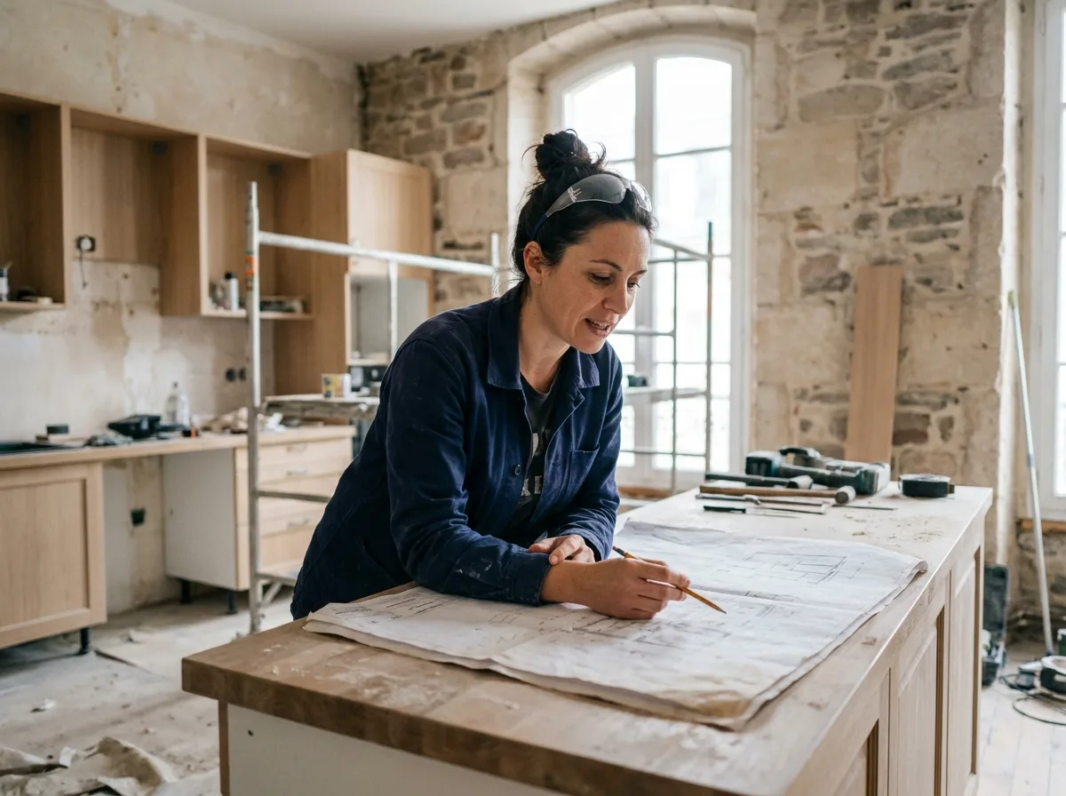 Professionnelle de la menuiserie consultant des plans dans un appartement en rénovation à Clermont-Ferrand