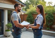 Homme d'âge moyen serre la main d'une propriétaire dans un patio rénové