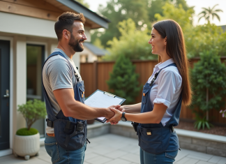 Trouver un entrepreneur travaux : astuces et conseils pour réussir Homme d'âge moyen serre la main d'une propriétaire dans un patio rénové