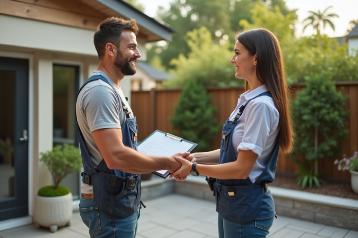 Homme d'âge moyen serre la main d'une propriétaire dans un patio rénové