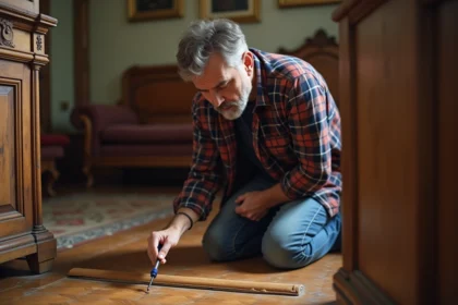 Homme d'âge moyen examine un plancher ancien en bois