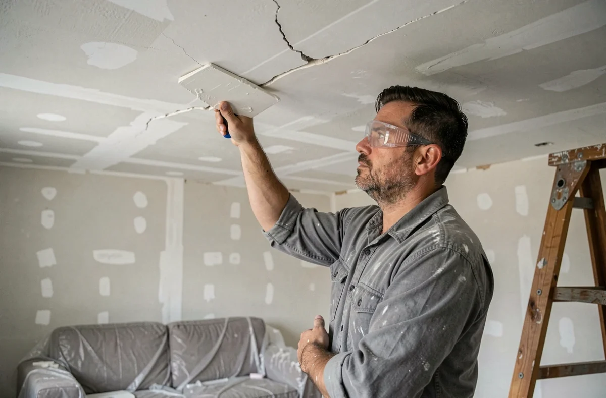 Artisan en train de reboucher une fissure de plafond avec un couteau à enduire lors de travaux de rénovation