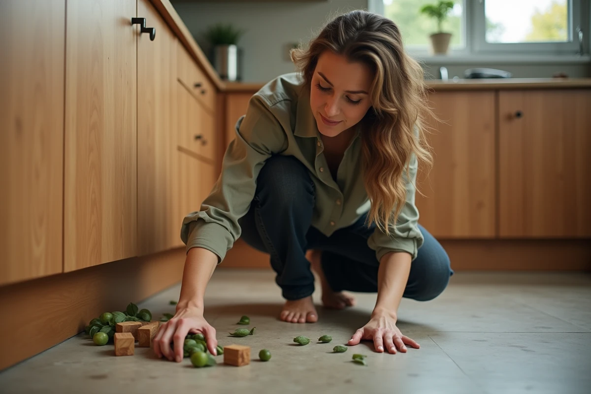 Femme déposant des feuilles de laurier et du cèdre près des plinthes de cuisine pour éloigner les centipèdes naturellement