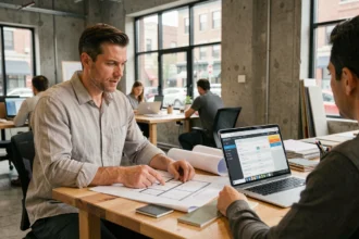 Architecte et client en réunion autour de plans de rénovation sur un bureau en bois dans un espace de co-working moderne