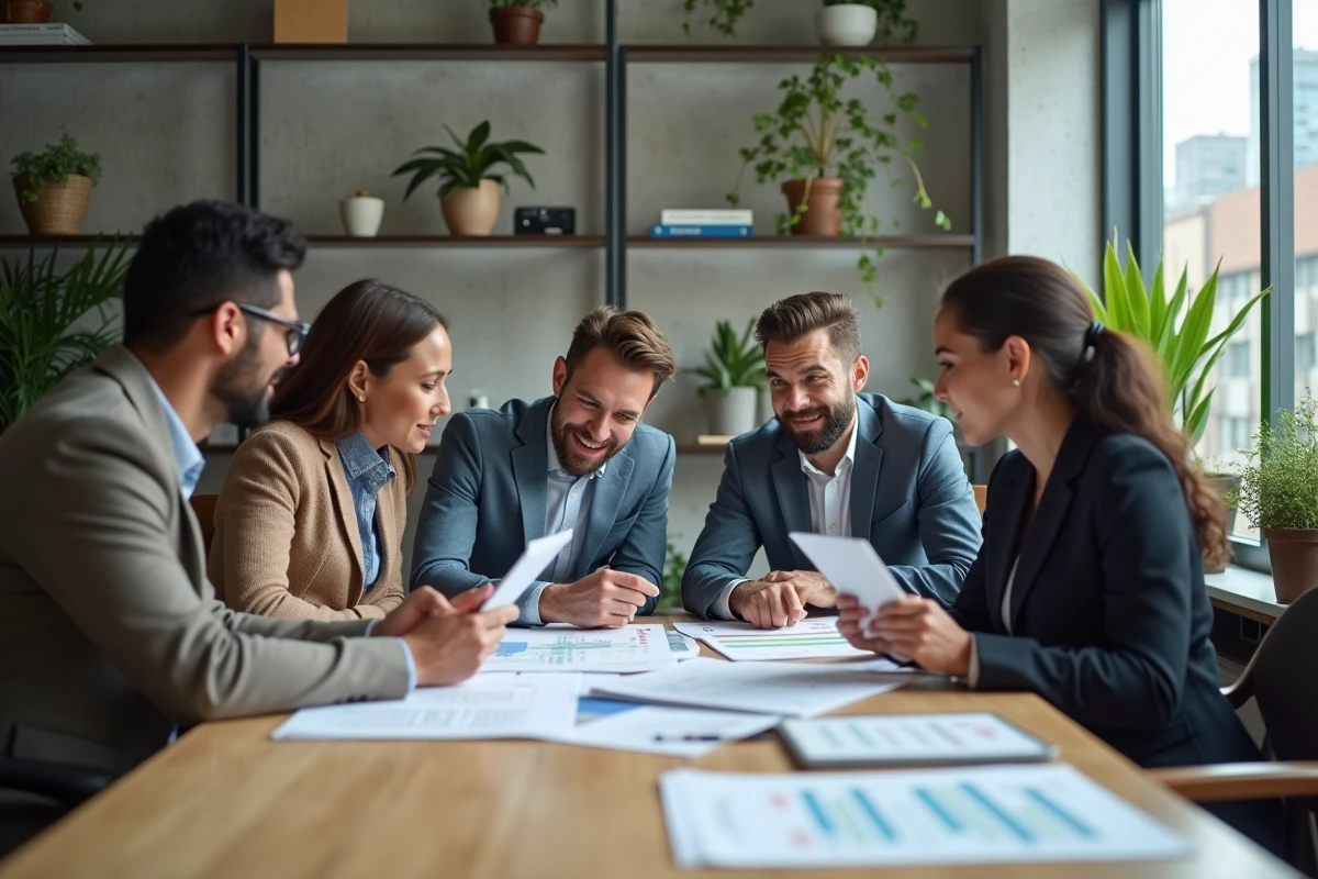 Groupe de quatre personnes discutant autour d