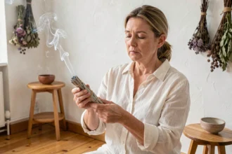 Femme pratiquant un rituel de purification énergétique avec de la sauge blanche dans un salon lumineux
