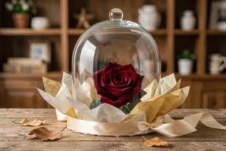 Rose enchantée sous cloche en verre posée sur bois rustique avec emballage en papier de soie ivoire et ruban satin doré