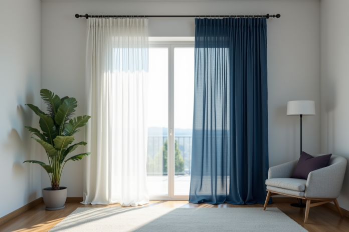 Salon moderne avec rideaux en voile blanc et bleu marine