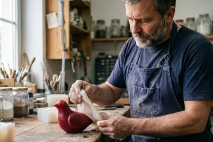 Artisan homme en atelier avec sculpture en cire rouge