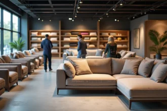 Intérieur du showroom Poltrone et Sofa avec des canapés et fauteuils exposés, un couple tестant un canapé d'angle en velours gris dans un grand espace commercial moderne