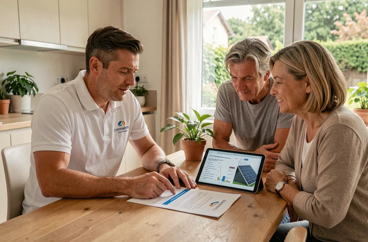 Conseiller de Solaire France Concept présentant une proposition d'installation solaire à un couple en Loire-Atlantique