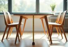 Table moderne en bois dans une salle lumineuse