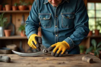 Homme middleaged appliquant de l'huile sur un sécateur