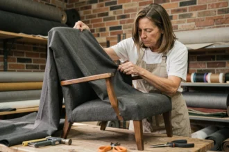 Artisane tapissière tendant un tissu contemporain gris sur un fauteuil Voltaire en atelier