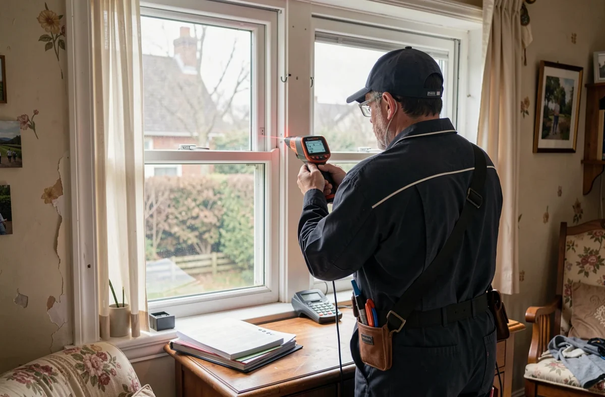 Technicien mesurant une fenêtre à double vitrage dans une maison